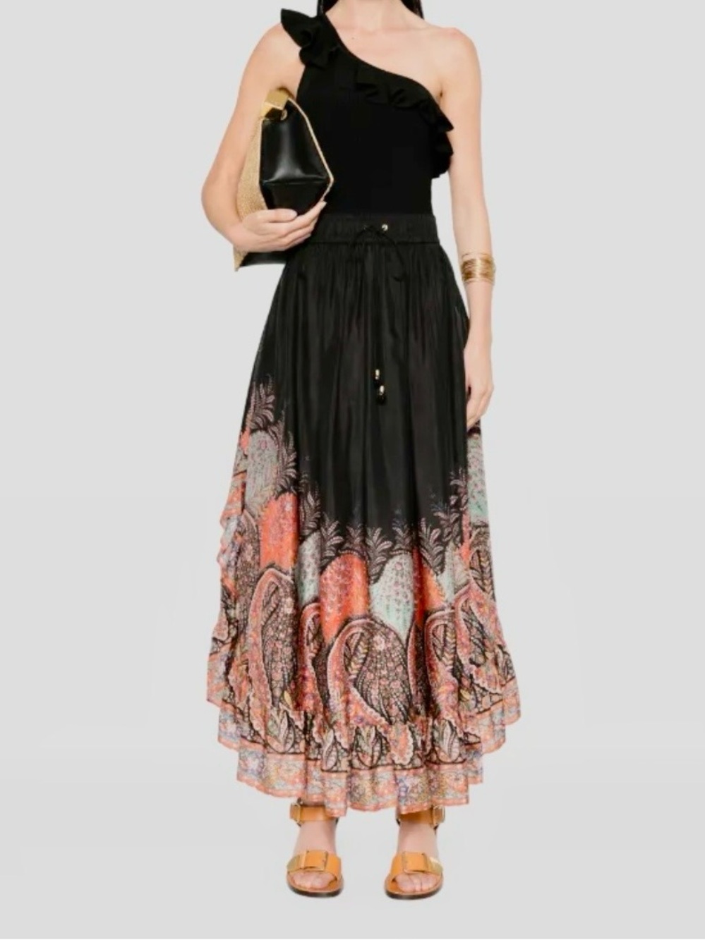 Zimmermann Rhiannon Silk Ruffle Black Paisley Maxi Skirt Sz 0/XS - NWT